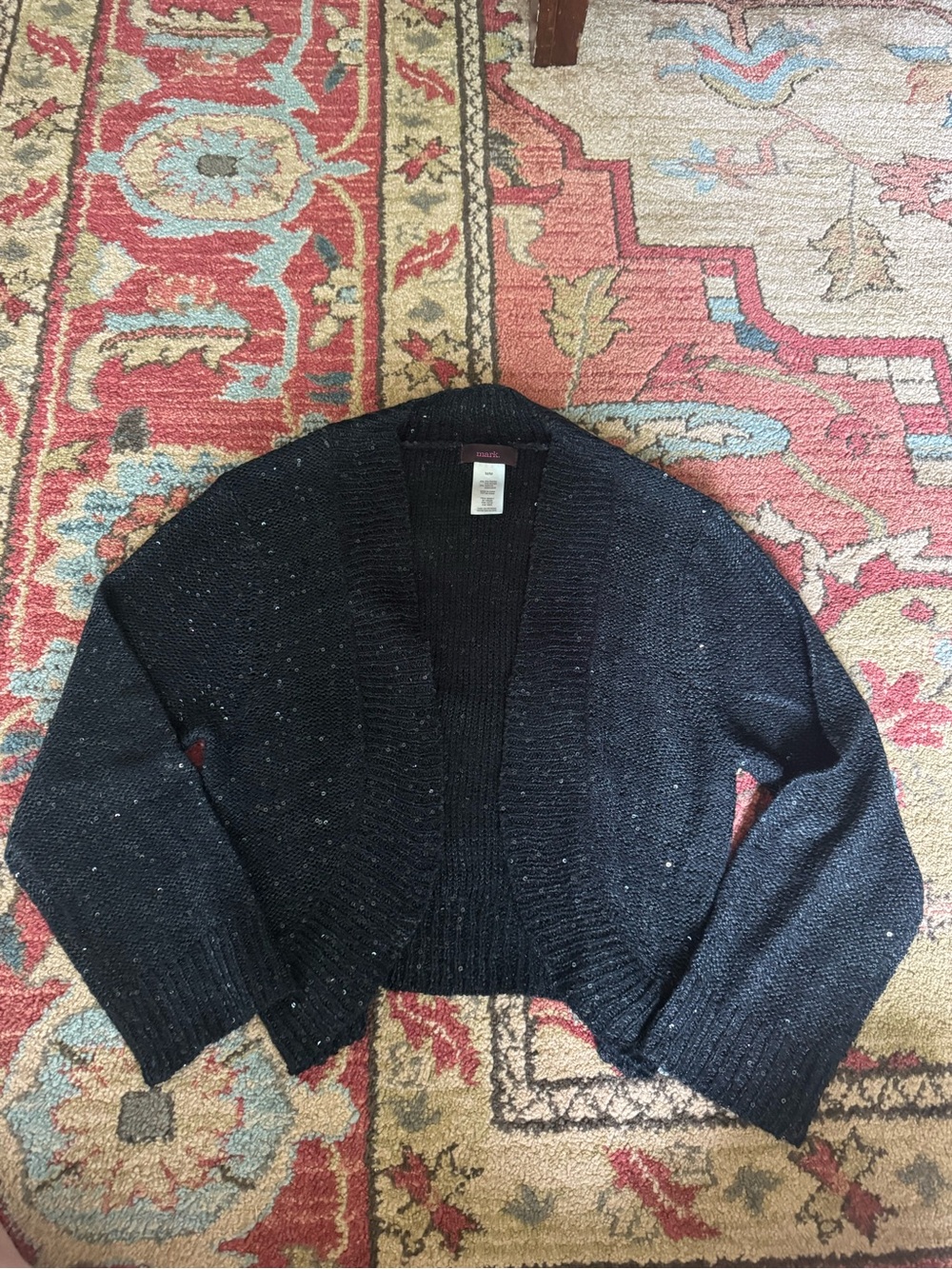 mark. Black Cropped Speckled Open-Front Cardigan sequins